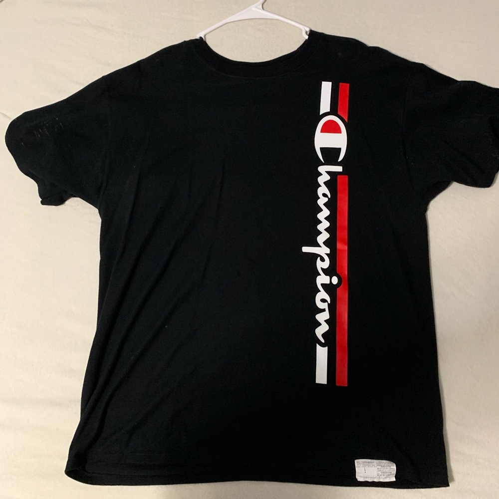 Black white and red champion tee